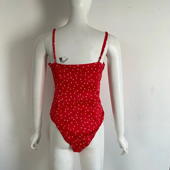 NWOT ZARA Red Satin Laced V-NECK Viscose Blend Stars Print BODYSUIT SIZE Large - Picture 4 of 8